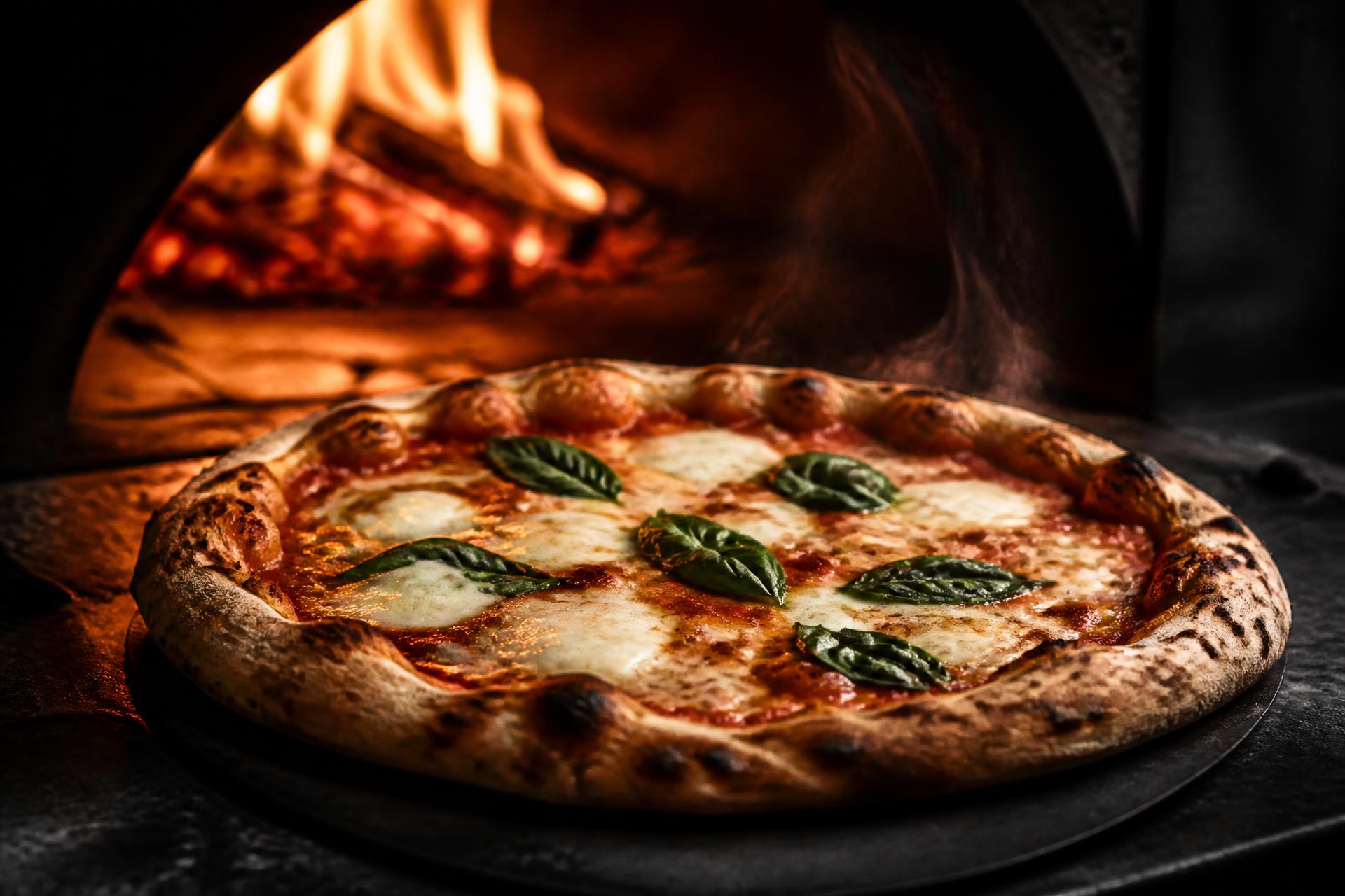 Pizza artizanală proaspăt scoasă din cuptorul cu lemne